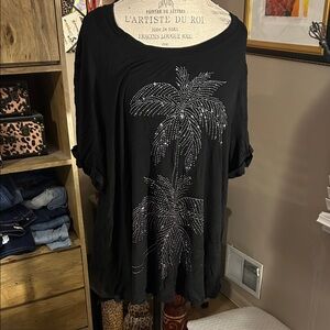 Black Rhinestone Palm Tree Women's Top - 3X